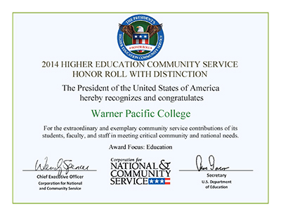 Presidential Award of Distinction for Warner Pacific 2014