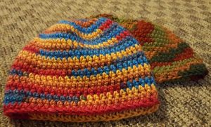 Crocheted hats; WPC student crocheted hats for charity 2016 (K. Hilman)
