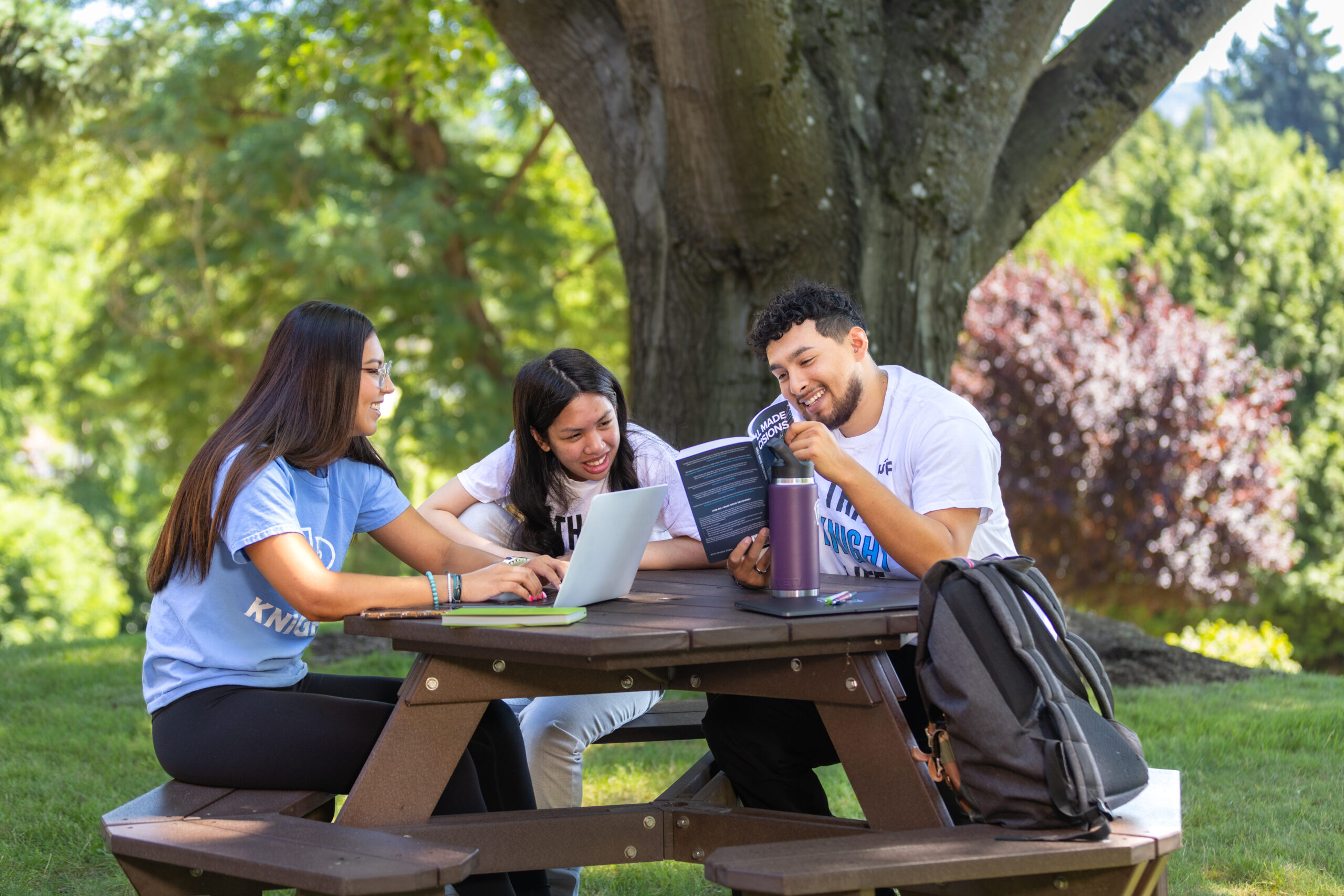 A group of students studying at a picnic table outside.