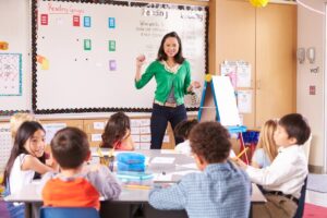 A teacher leads an elementary classroom discussion.